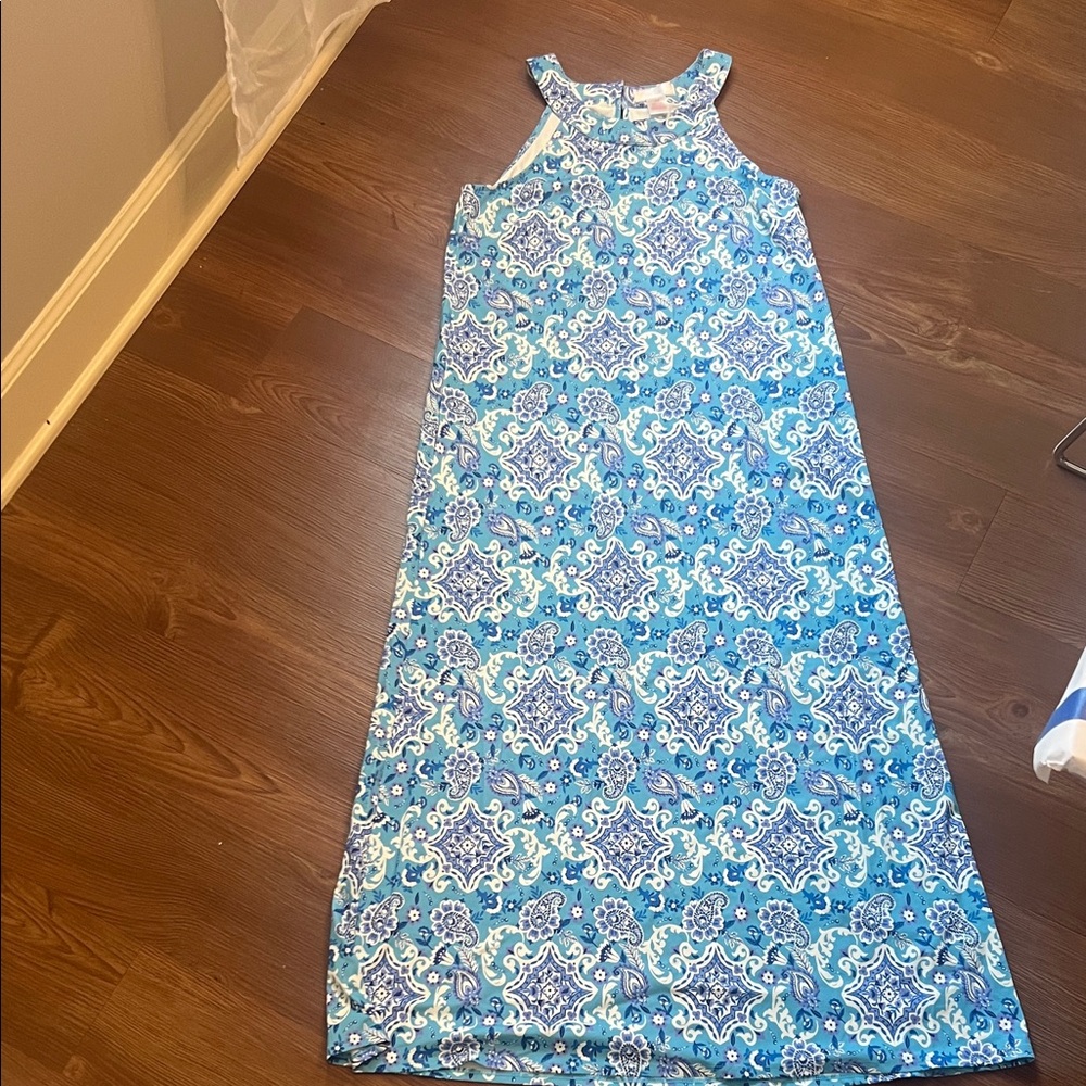 Sleeveless Blue Patterned Maxi Dress